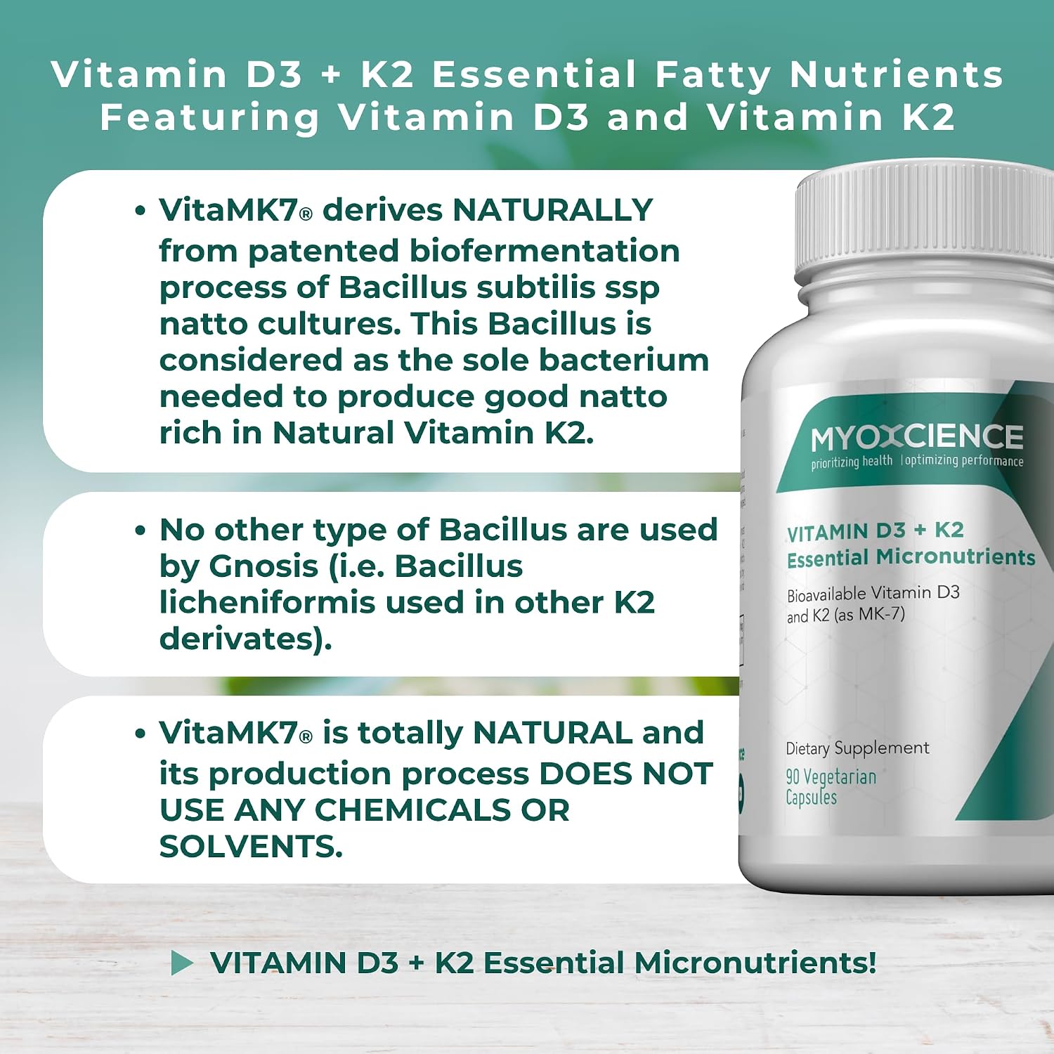 MYOXCIENCE Vitamin D3 + K2 Essential Micronutrients | 6,000 IU D3 & 150 mcg K2 MK-7 | 90 Vegetarian Capsules - görsel 6