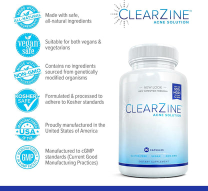ClearZine Acne Capsules – Clear Skin Supplement for Teens & Adults | Vegan, Gluten-Free, 90 Capsules (2-Pack)