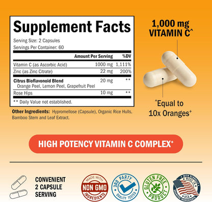 BioSchwartz Vitamin C Complex - 1000mg Capsules with Rose Hips, Zinc & Citrus Bioflavonoids, 120 Capsules