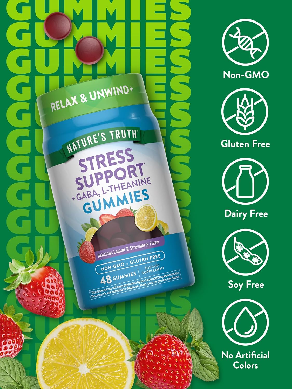 Nature's Truth Stress Relief Gummies for Adults - with GABA, L-Theanine, and Lemon Balm - Lemon Strawberry Flavour - Non-GMO & Gluten-free - görsel 3