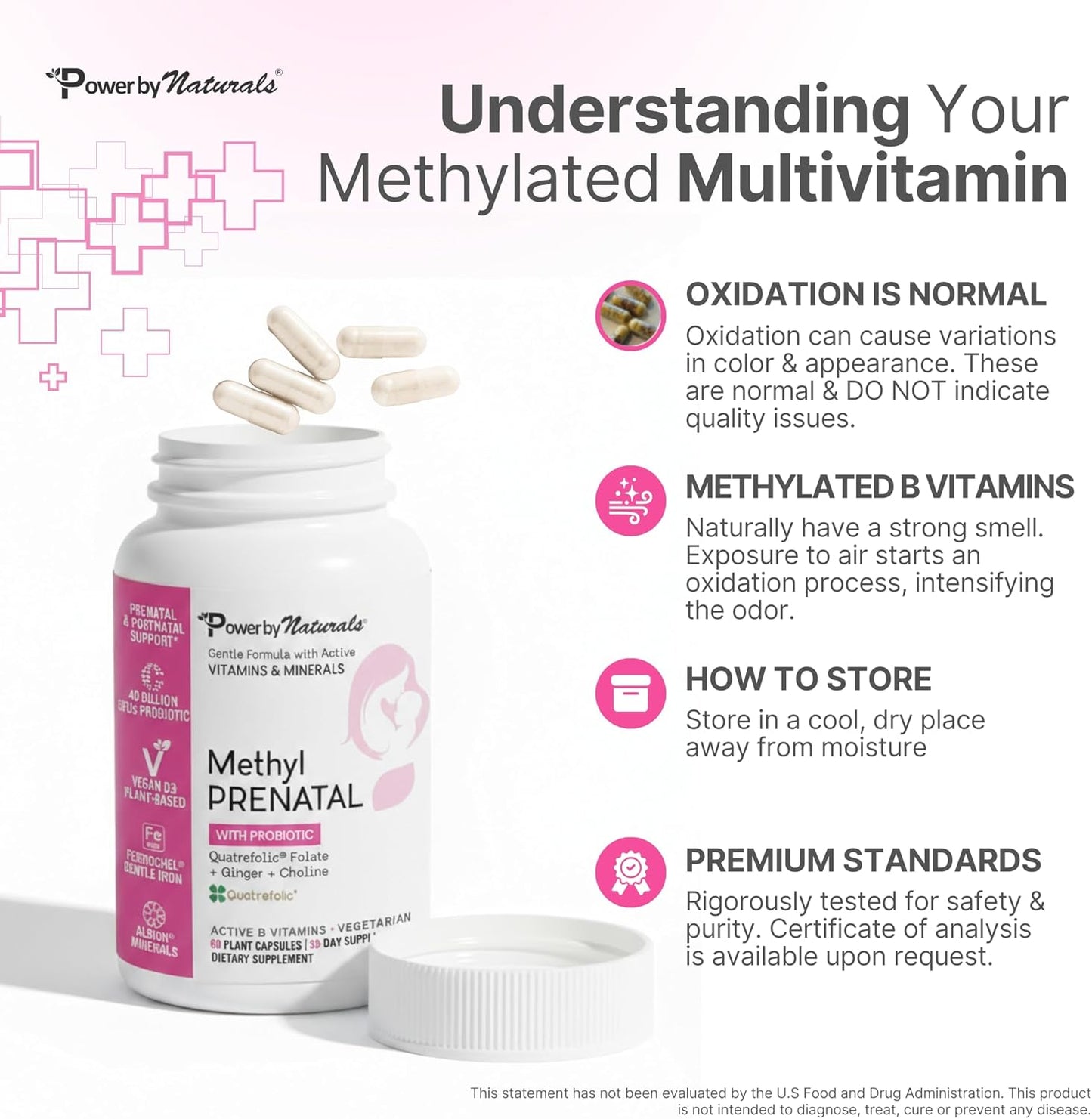 Power By Naturals Methyl Prenatal with Probiotics – Vegan Prenatal Vitamins with Iron, Methyl Folate & B12 – 60 Capsules - görsel 8