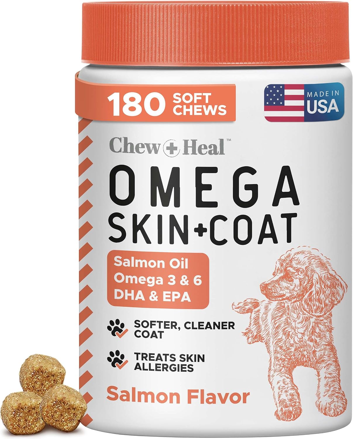 Salmon Oil for Dogs - Soft Chew Omega Treats for Skin and Coat - Fish Oil Blend of Essential Fatty Acids, Omega-3 and 6, Vitamins, Antioxidants and Minerals - Made in the USA (180 Chews, Salmon) - görsel 1