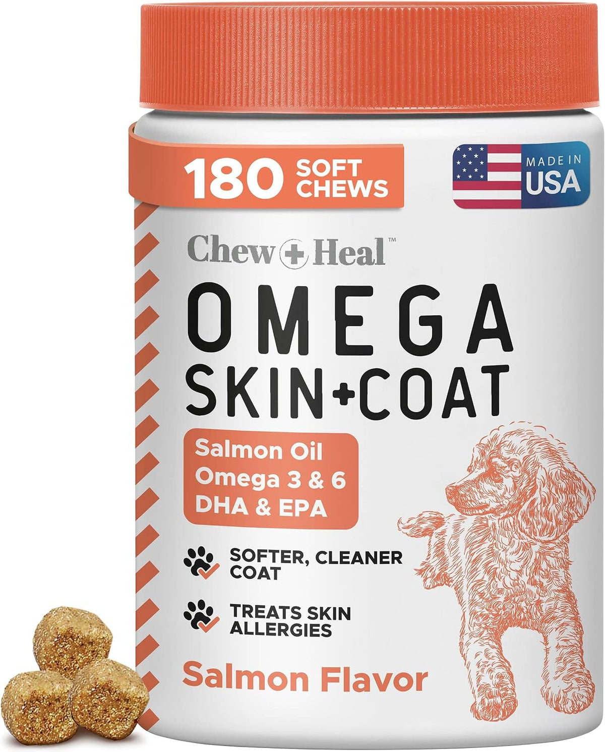 Salmon Oil for Dogs - Soft Chew Omega Treats for Skin and Coat - Fish Oil Blend of Essential Fatty Acids, Omega-3 and 6, Vitamins, Antioxidants and Minerals - Made in the USA (180 Chews, Salmon) - görsel 1