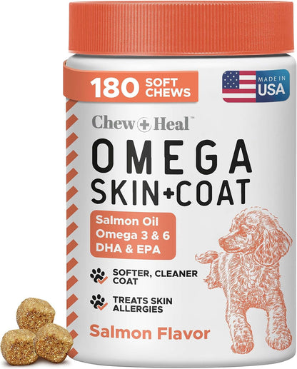 Salmon Oil for Dogs - Soft Chew Omega Treats for Skin and Coat - Fish Oil Blend of Essential Fatty Acids, Omega-3 and 6, Vitamins, Antioxidants and Minerals - Made in the USA (180 Chews, Salmon)