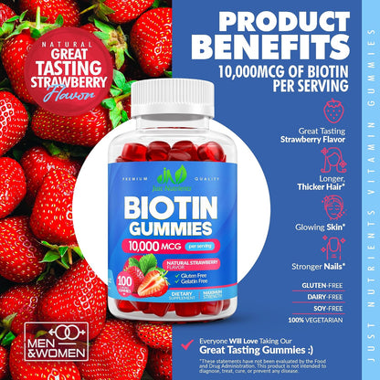 Just Nutrients Biotin 10,000mcg Gummies for Hair, Skin and Nails - 100 Count