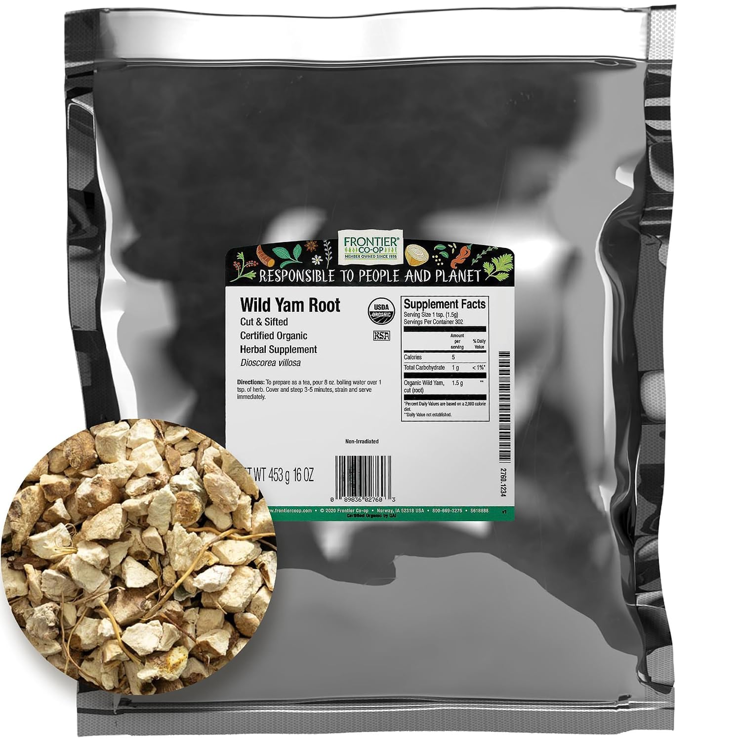 Frontier Co-op Wild Yam Root, Cut and Sifted, Certified Organic, Kosher - 1 lb (454 g) Bulk Bag - görsel 1