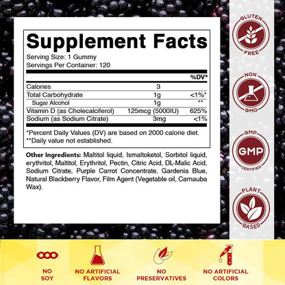 Vitamatic Sugar Free Vitamin D3 5000 IU Gummies – Natural Blackberry Flavour (120 Count)
