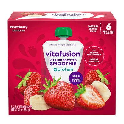 vitafusion Vitamin-Boosted Smoothie +Protein, Strawberry Banana Flavour, 99 g Pouches (6 Pack)
