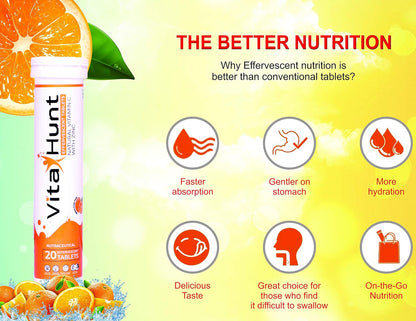 VitaHunt Vitamin C 1000 mg with Zinc – Antioxidants – Immune Support – 20 Effervescent Tablets – Orange Flavour