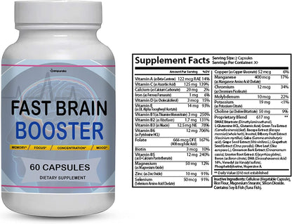 Fast Brain Booster New Advanced Formula Supplement (3 Pack) 90 Days Supply Pills