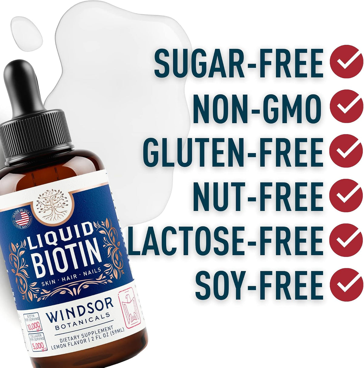 WINDSOR BOTANICALS Liquid Biotin and Collagen Drops - 10,000mcg Biotin + 5,000mcg Hydrolysed Collagen Types I & III - Lemon Flavour - 60 ml - görsel 7