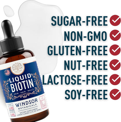 WINDSOR BOTANICALS Liquid Biotin and Collagen Drops - 10,000mcg Biotin + 5,000mcg Hydrolysed Collagen Types I & III - Lemon Flavour - 60 ml