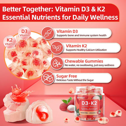 Vitamin D3 K2 Gummies - Sugar Free, Vegan, 5000 IU D3 + 100 mcg MK-7, Lychee Flavour, 90 Count