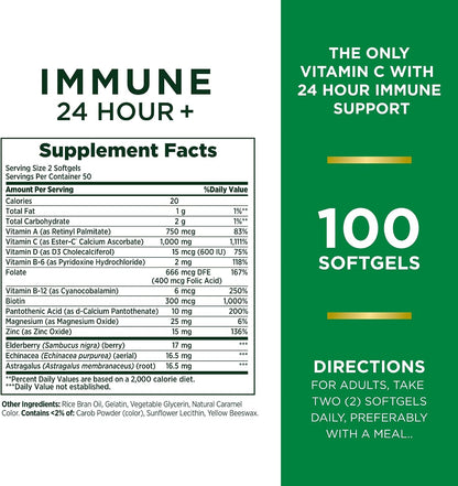 Nature's Bounty Vitamin C 24 Hour Immune Support with Zinc and Vitamin D, Daily Immune and Upper Respiratory Support, Ester Vitamin C 1000mg Softgels, 100 Count