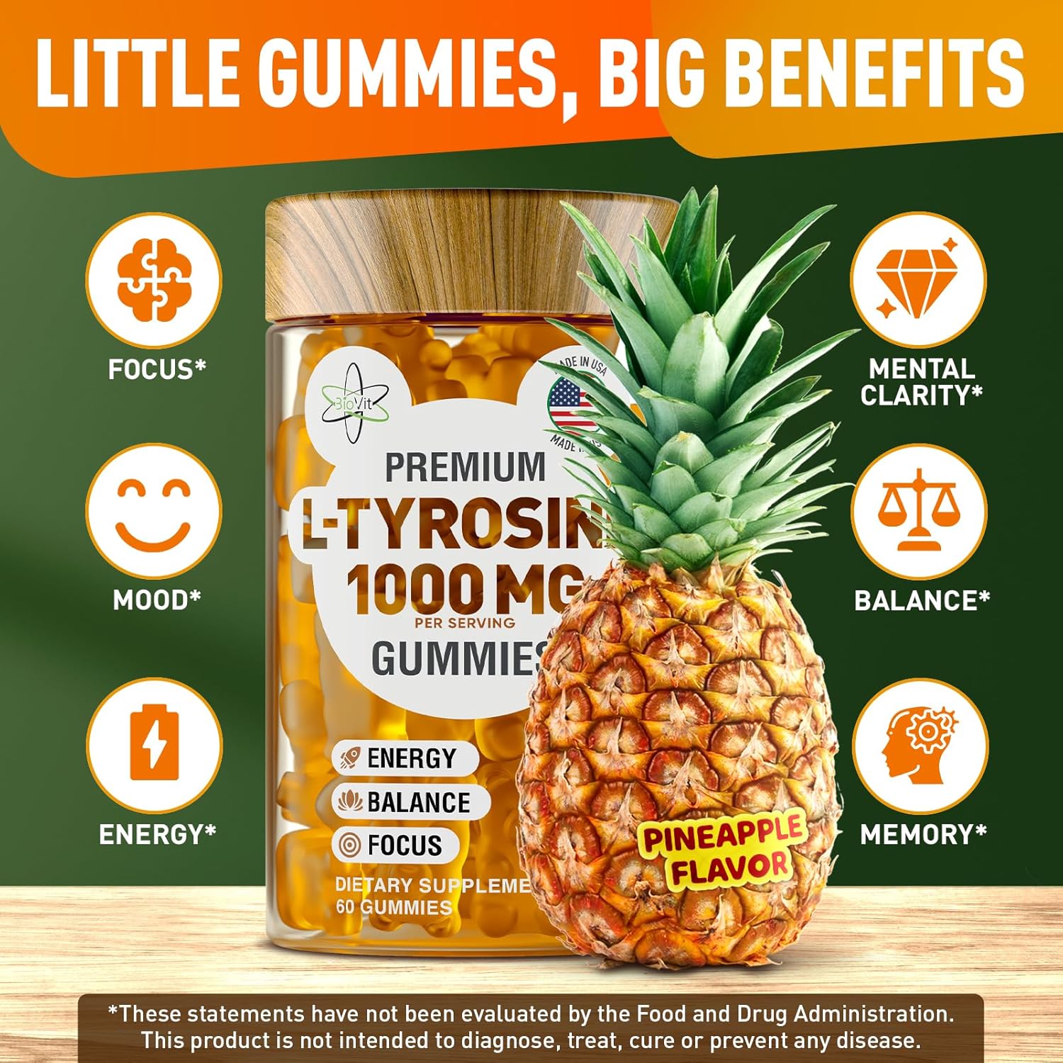 BioVit L-Tyrosine Gummies - 1000mg per Serving, 60 Vegan Gummies - görsel 4