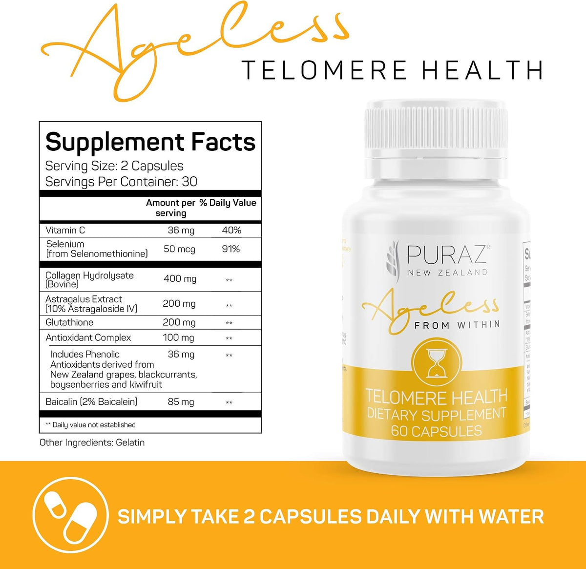 PURAZ Telomere Supplements with Potent Astragalus Root Extract & Collagen - Advanced Formula for Telomere Support, Anti-Ageing, Longevity, DNA Repair & Antioxidant Defence - 60 Capsules - görsel 6