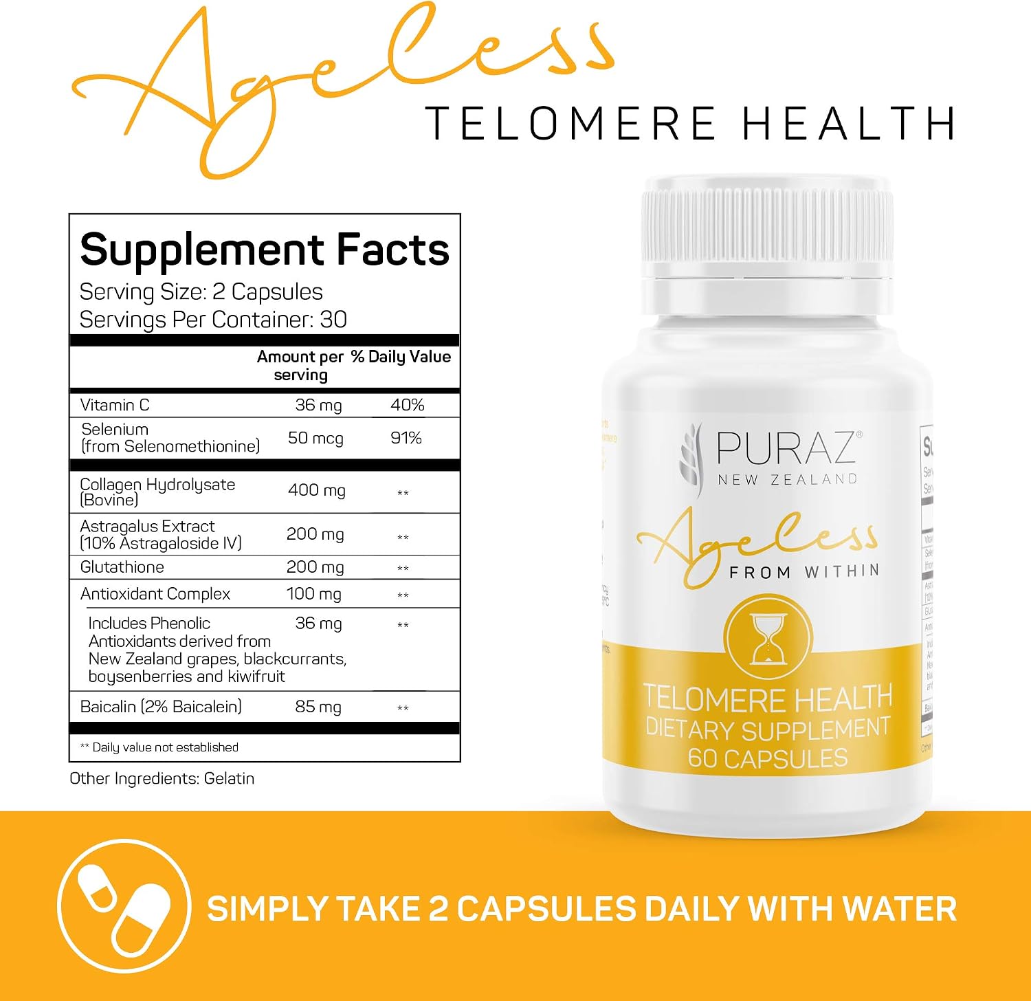 PURAZ Telomere Supplements with Potent Astragalus Root Extract & Collagen - Advanced Formula for Telomere Support, Anti-Ageing, Longevity, DNA Repair & Antioxidant Defence - 60 Capsules - görsel 6