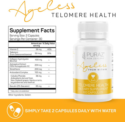PURAZ Telomere Supplements with Potent Astragalus Root Extract & Collagen - Advanced Formula for Telomere Support, Anti-Ageing, Longevity, DNA Repair & Antioxidant Defence - 60 Capsules