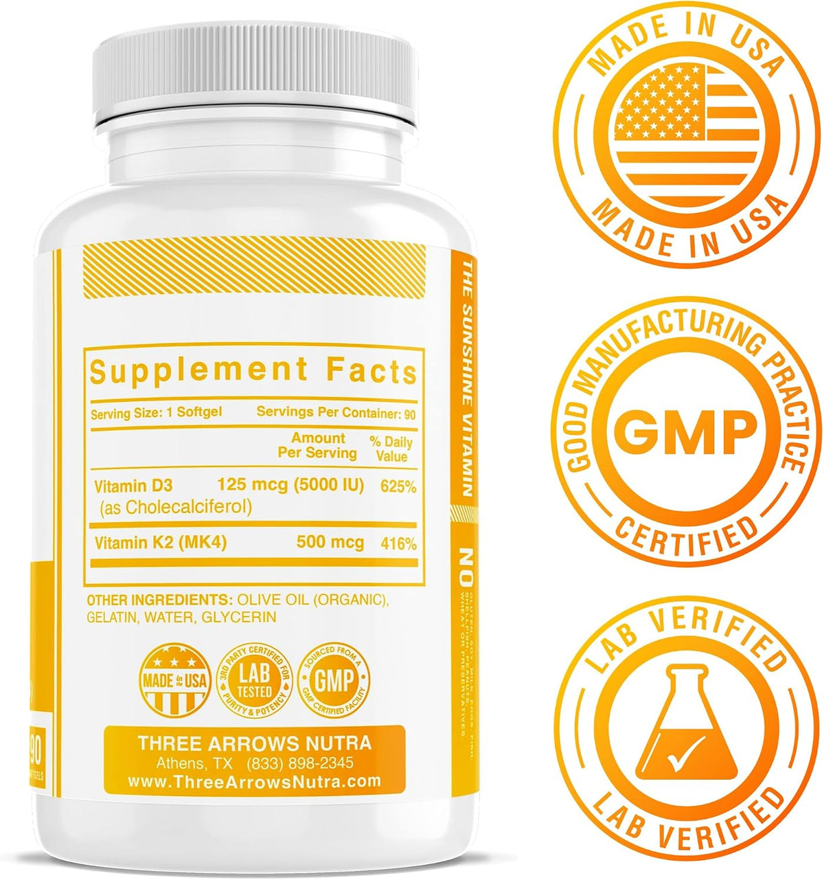 Three Arrows Shine Vitamin D3 K2 MK4 5000 IU + K2 500 mcg, 90 Softgels - görsel 2