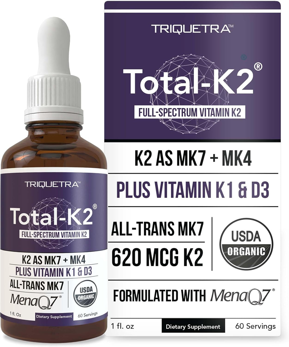 Total K2® | Vitamin K2 as MK7 & MK4 | Plus K1 & Vitamin D3 Cofactor - 620 mcg K2 per Serving - All-Trans MK7 from MenaQ7® - Full-Spectrum Vitamin K - Vegan, Organic Certified (60 Capsules) - görsel 9
