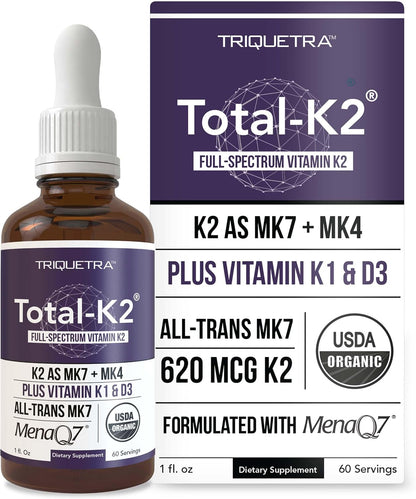 Total K2® | Vitamin K2 as MK7 & MK4 | Plus K1 & Vitamin D3 Cofactor - 620 mcg K2 per Serving - All-Trans MK7 from MenaQ7® - Full-Spectrum Vitamin K - Vegan, Organic Certified (60 Capsules)