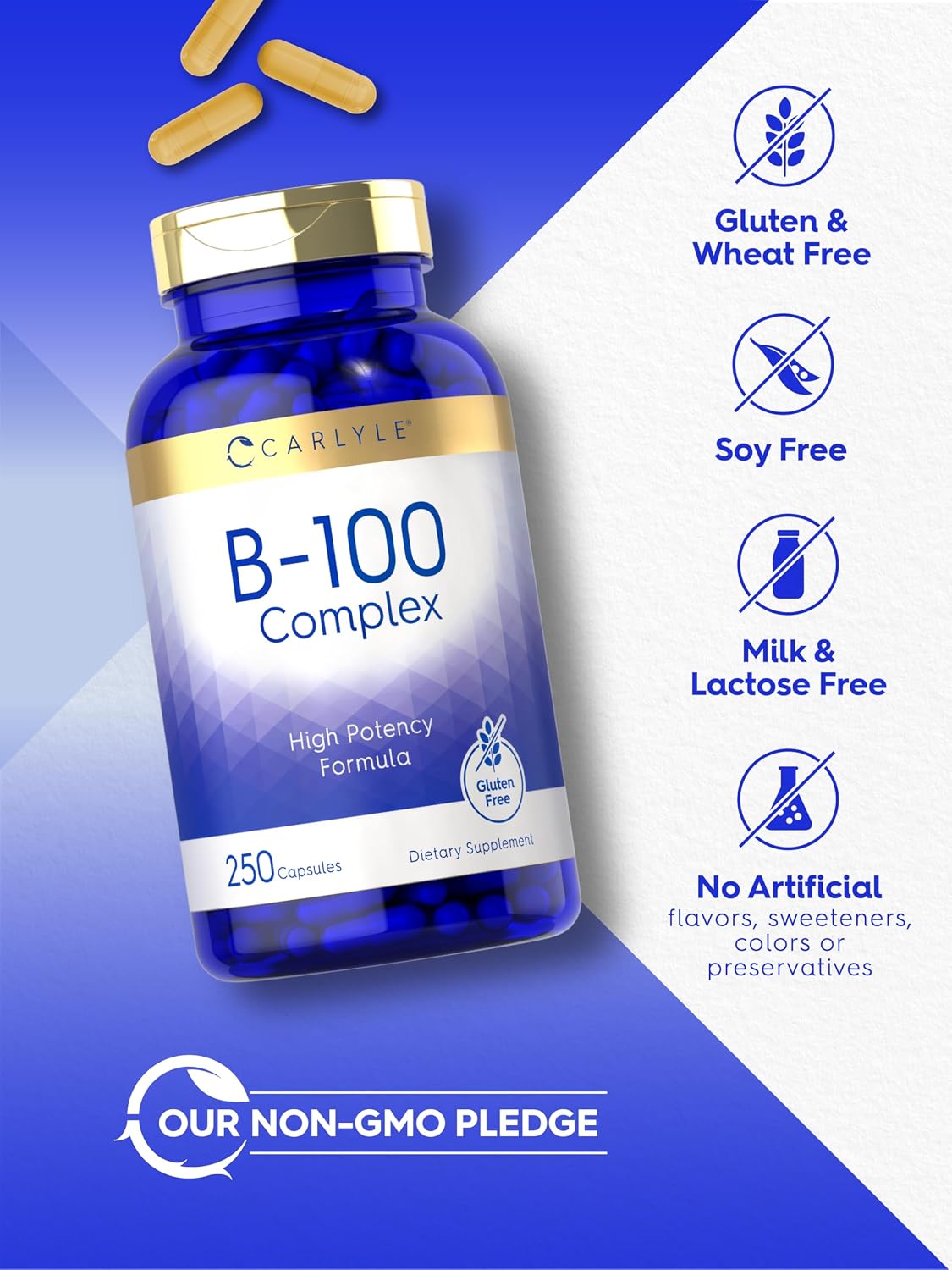Carlyle B-100 Complex - High Potency B-Vitamin Supplement with B1, B2, B3, B6, B12, Biotin, Folic Acid & Inositol - 250 Vegetarian Capsules - görsel 5
