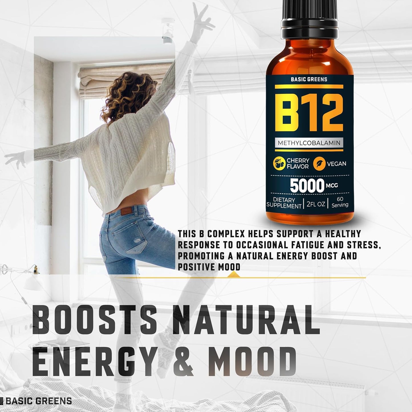 BASIC GREENS Vitamin B12 Liquid Drops 5000 mcg, Sublingual Methylcobalamin, Vegan Cherry Flavour, 59 ml - görsel 8