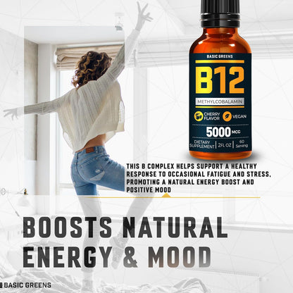 BASIC GREENS Vitamin B12 Liquid Drops 5000 mcg, Sublingual Methylcobalamin, Vegan Cherry Flavour, 59 ml