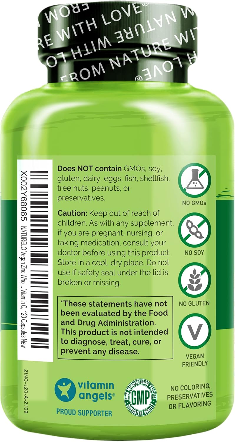 NATURELO Vegan Zinc Immune Support Capsules - Whole Food Complex with Vitamin C for Healthy Skin, Hair and Nails - görsel 6