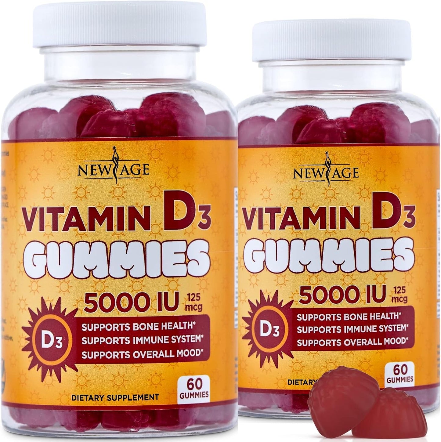 NEW AGE Vitamin D3 5000 IU Gummies - Immune Support - Non-GMO, Gluten-Free, Dairy-Free - 120 Gummies (Pack of 2) - görsel 1