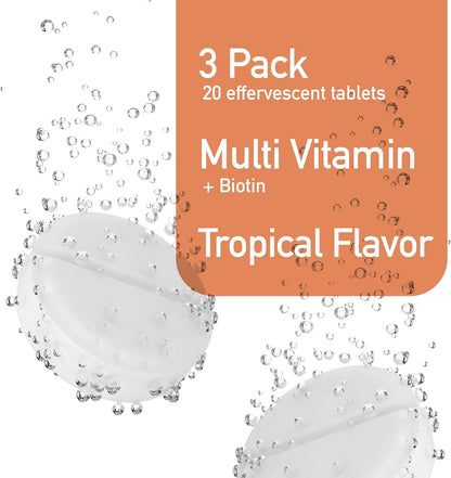 Swiss Imports Effervescent Multivitamins with Biotin for Wellness and Vitality Food Supplement with Vitamins C, E, B1, B2, B6, B12, A, and D3, 3-Pack, 60 Tablets