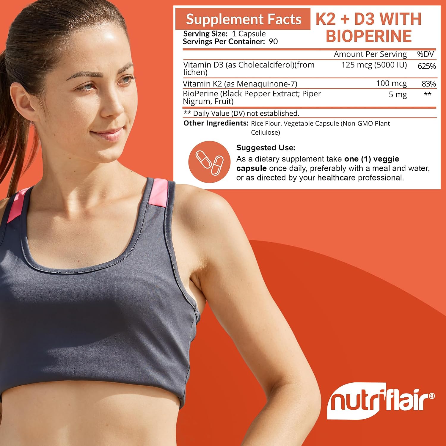 NutriFlair Vitamins D3 (5000 IU) + K2 (as MK-7) - Plant-Based with BioPerine, 90 Capsules - görsel 6