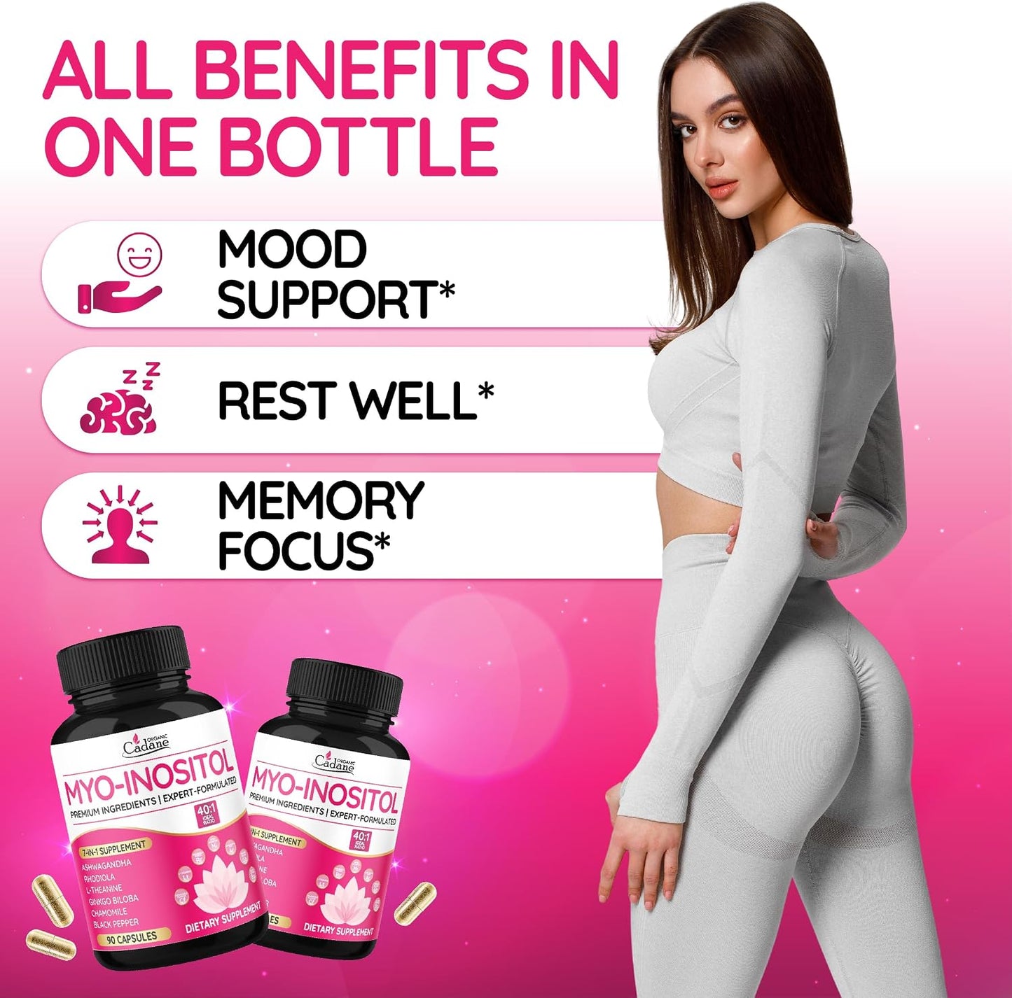 Organic Cadane Myo Inositol & Ashwagandha Capsules with Rhodiola, L-Theanine, Ginkgo Biloba, and More | Supports Body Balance & Digestive Health | Vegan, Non-GMO - 90 Capsules - görsel 4