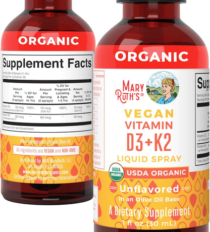 MaryRuth's Organic D3 + K2 Spray - Vitamin D3 & K2 (MK-7) for Bone Health, Immunity & Normal Blood Clotting - Vegan, Non-GMO, Gluten-free - 30 ml