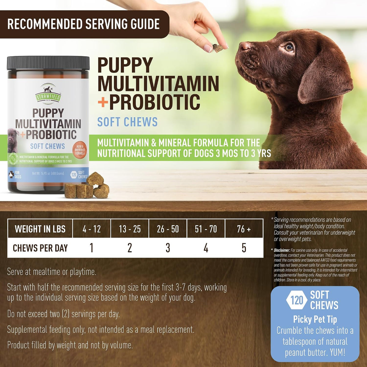 Strawfield Pets Puppy Multivitamin + Probiotics with Joint Support, Peanut Butter Flavour, 120 Soft Chews - görsel 5