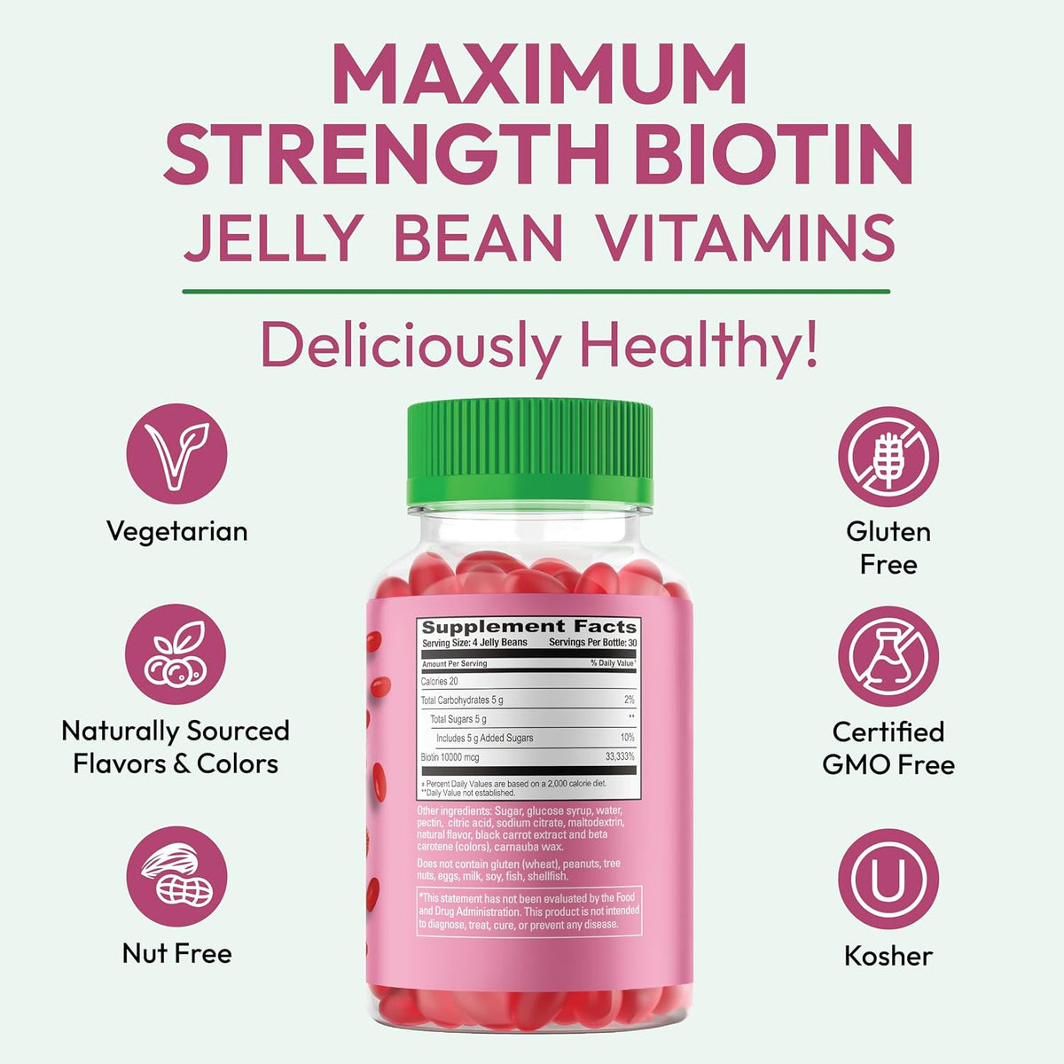 Human Beanz Biotin Jelly Bean Gummy Vitamins, 10,000mcg, for Hair, Skin & Nails - 120 Strawberry Blast Jelly Beans - görsel 7