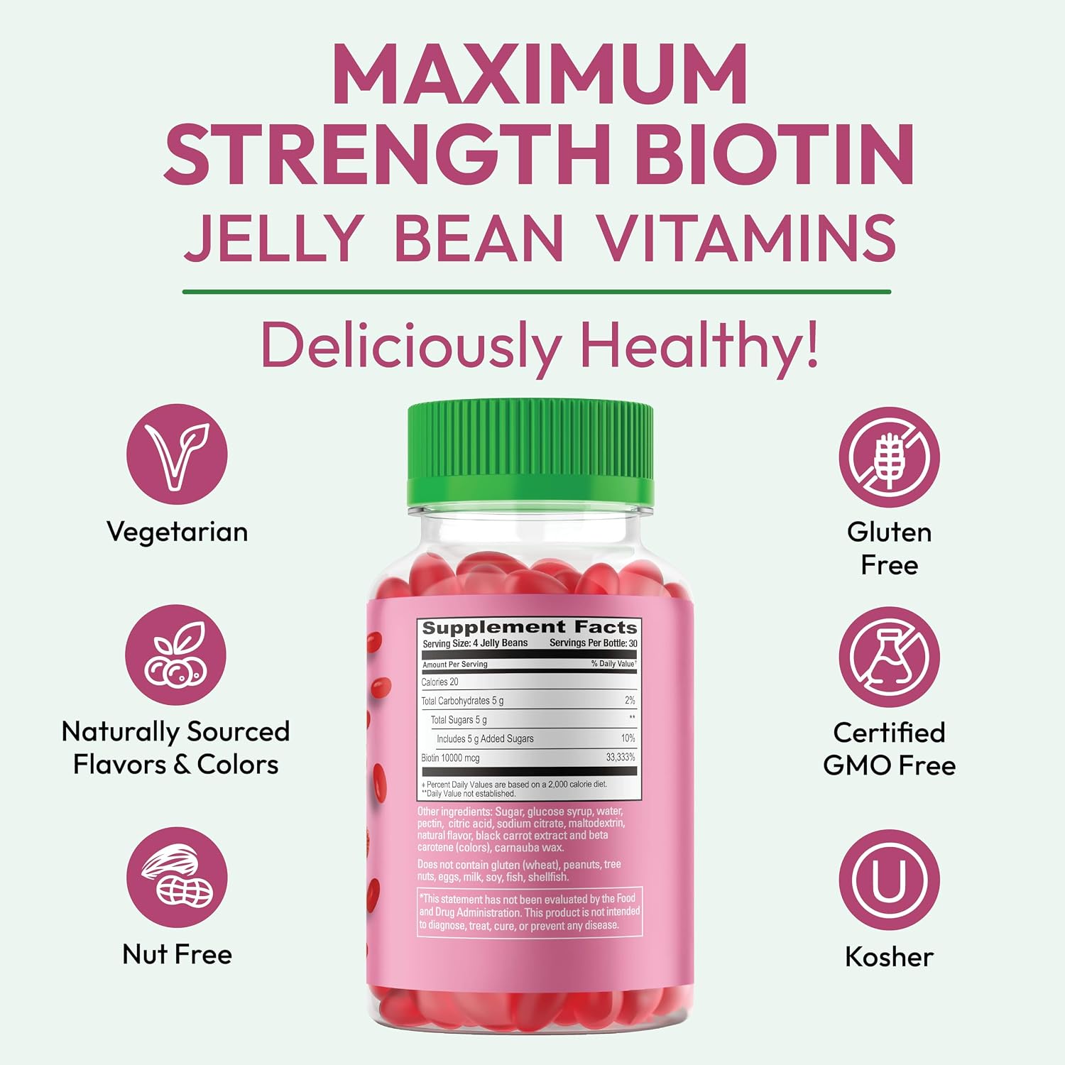 Human Beanz Biotin Jelly Bean Gummy Vitamins, 10,000mcg, for Hair, Skin & Nails - 120 Strawberry Blast Jelly Beans - görsel 7