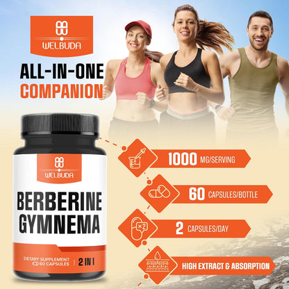 WELBUDA Berberine Food Supplement with Organic Gymnema Sylvestre Leaf - 60 Capsules