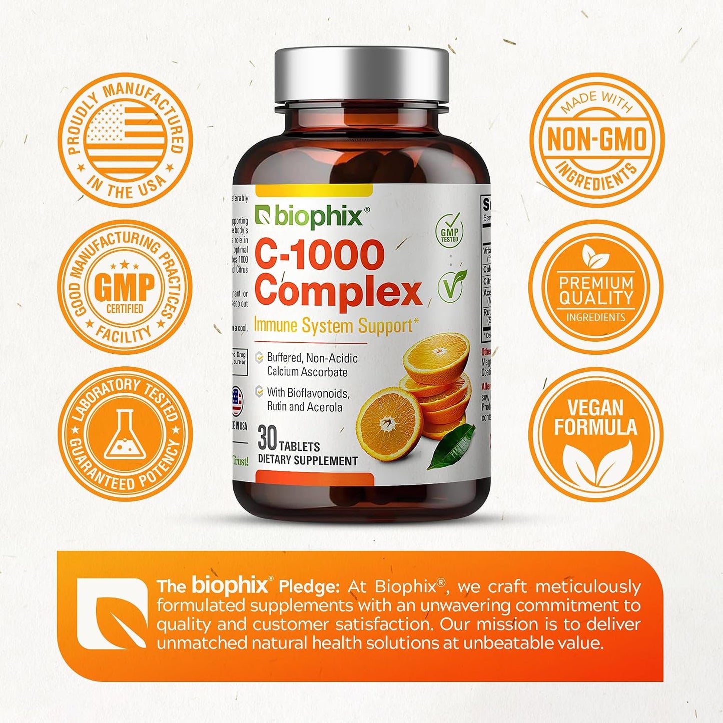 biophix Vitamin C-1000 mg Complex – 30 Tablets – Vegan with Calcium, Citrus Bioflavonoids, Acerola & Rutin – Supports Immune Health - görsel 7