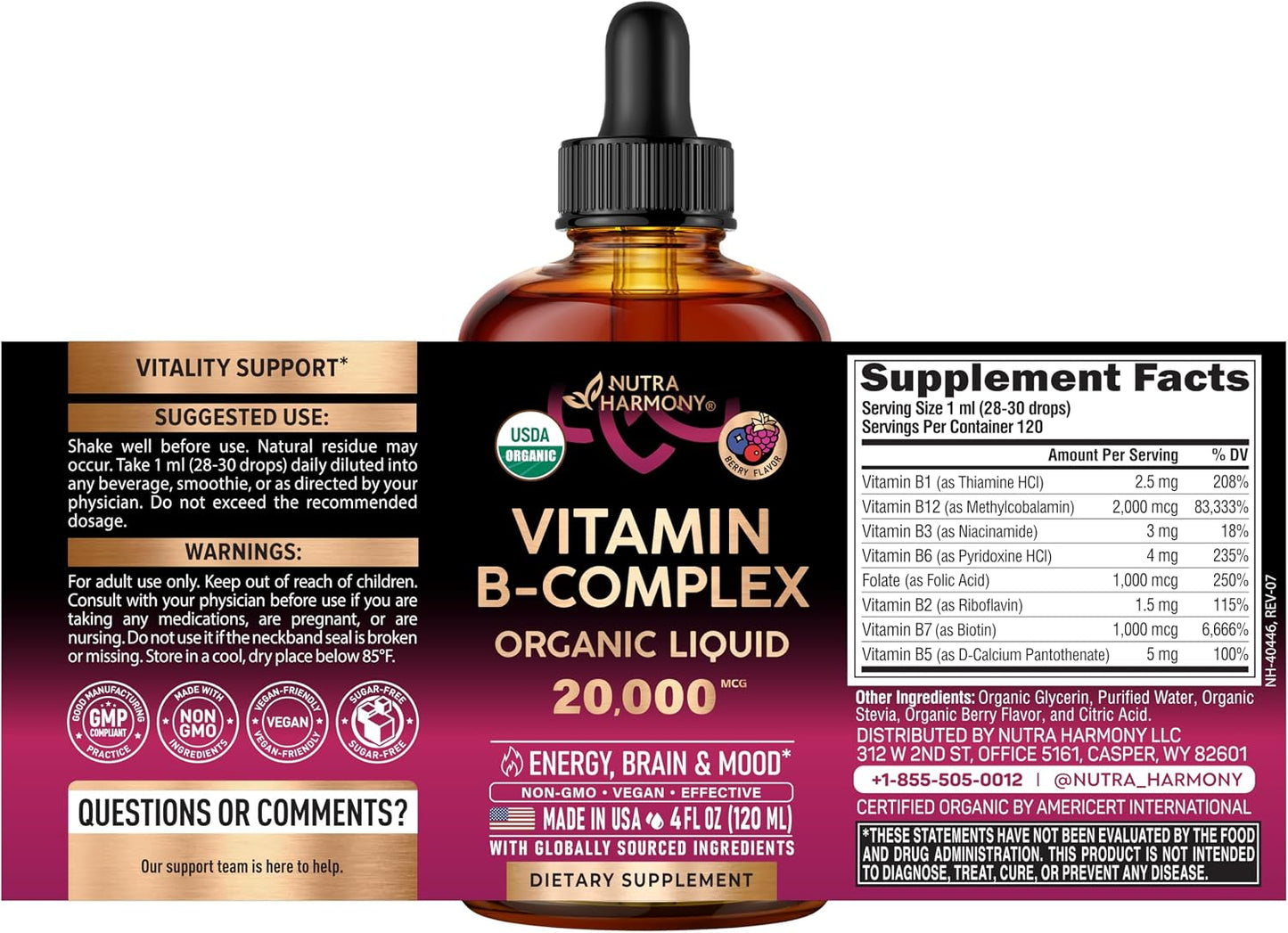 Organic Vitamin B-Complex Liquid Drops – B5 Pantothenic Acid, B12 Methylcobalamin, B1 Thiamine, B6 Pyridoxine, B7 Biotin, B9 Folic Acid, B3 Niacinamide – Natural Berry Flavour, 118 ml - görsel 2