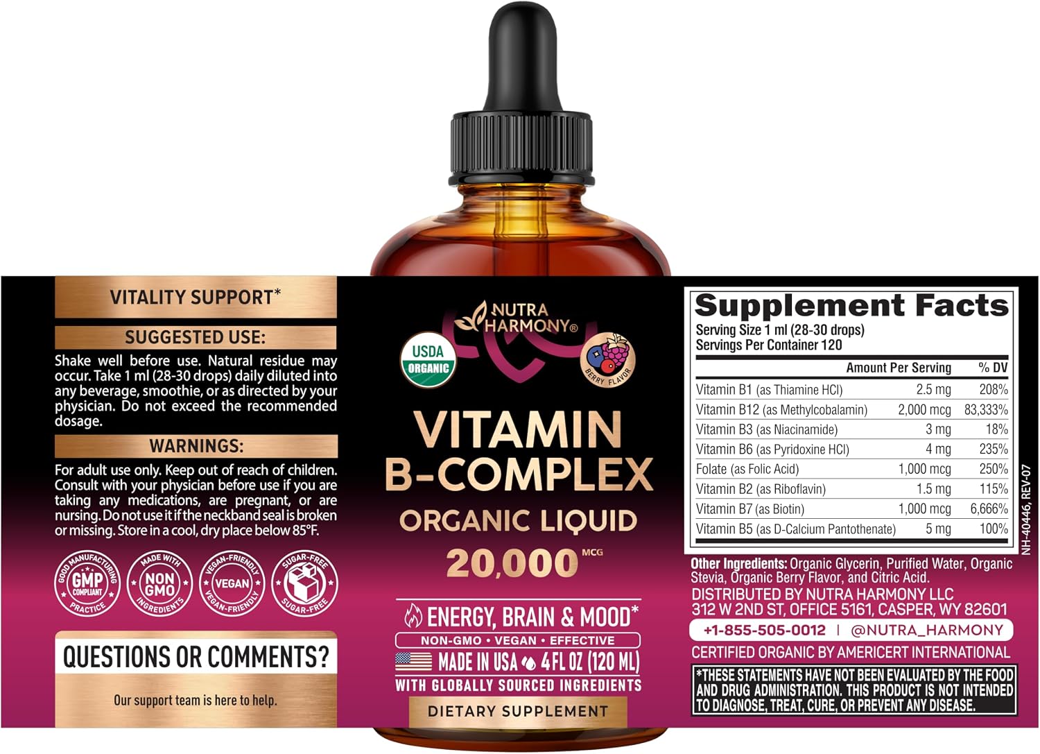 Organic Vitamin B-Complex Liquid Drops – B5 Pantothenic Acid, B12 Methylcobalamin, B1 Thiamine, B6 Pyridoxine, B7 Biotin, B9 Folic Acid, B3 Niacinamide – Natural Berry Flavour, 118 ml - görsel 2