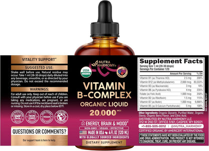 Organic Vitamin B-Complex Liquid Drops – B5 Pantothenic Acid, B12 Methylcobalamin, B1 Thiamine, B6 Pyridoxine, B7 Biotin, B9 Folic Acid, B3 Niacinamide – Natural Berry Flavour, 118 ml