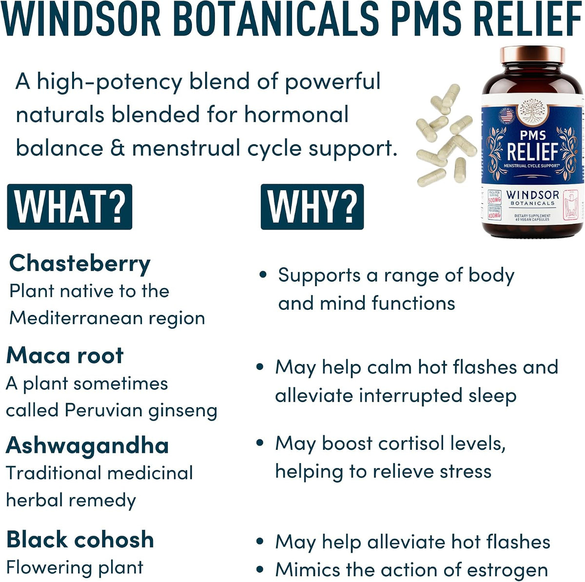 Windsor Botanicals PMS Support Supplement - Chasteberry, Maca Root, Ashwagandha - Period Relief & Mood Support - 60 Vegan Capsules - görsel 4