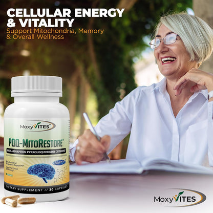 MoxyVites PQQ MITORESTORE Brain Food Supplement - Mitochondria Support with BioPQQ 20mg - 30 Vegan Capsules, Non-GMO