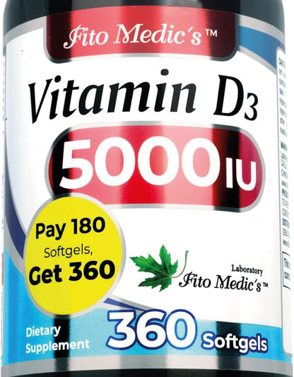 FITO MEDIC'S Vitamin D3 5000 IU - 360 Softgels for Immune and Bone Health Support