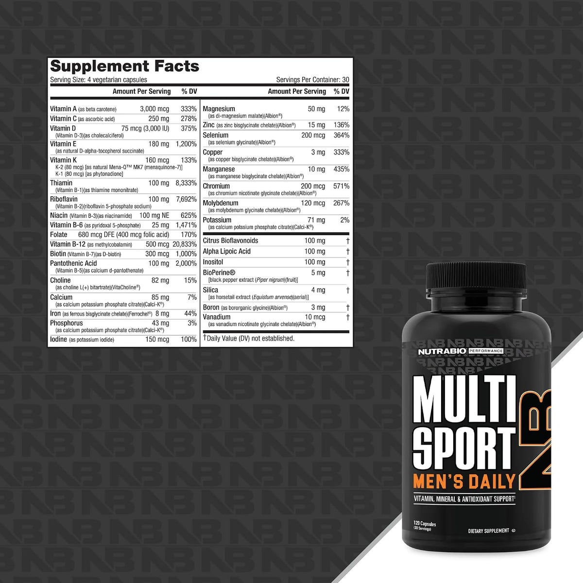 NutraBio MultiSport for Men – Men's Multivitamin with 33 Vitamins, Minerals & Antioxidants (120 Vegetable Capsules) - görsel 2