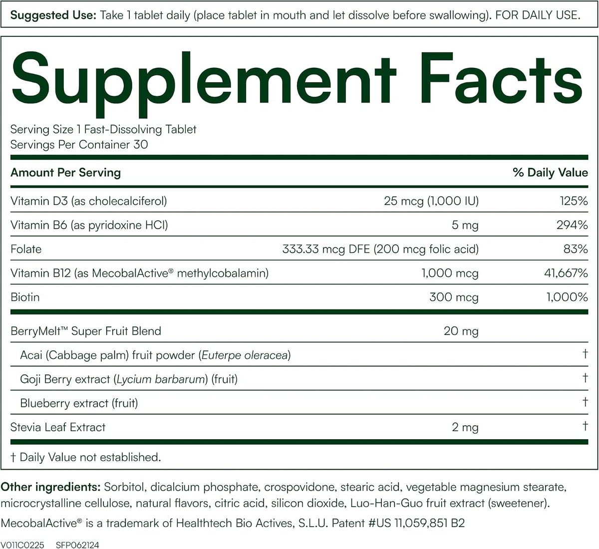 Purity Products B-12 Energy Berry Lemonade Melt with Methylcobalamin B12, B6, D3, Folic Acid, and Biotin - 30 Melting Tablets - görsel 2
