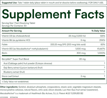 Purity Products B-12 Energy Berry Lemonade Melt with Methylcobalamin B12, B6, D3, Folic Acid, and Biotin - 30 Melting Tablets