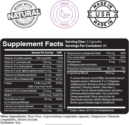 Kaya Naturals Hair, Skin & Nail Capsules with Biotin, Vitamin D, B-12, A, Folic Acid - 180 Capsules