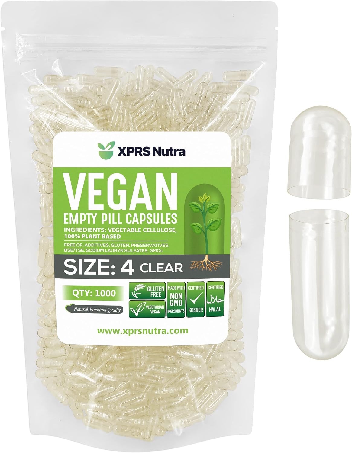 XPRS Nutra Size 4 Empty Capsules - 1000 Count, Clear Vegan Capsules for DIY Supplement Filling - görsel 1